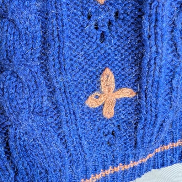 Vintage 80s Chunky Cable Knit Cardigan Blue Orange Wool Blend Est. size M to L - Picture 10 of 16